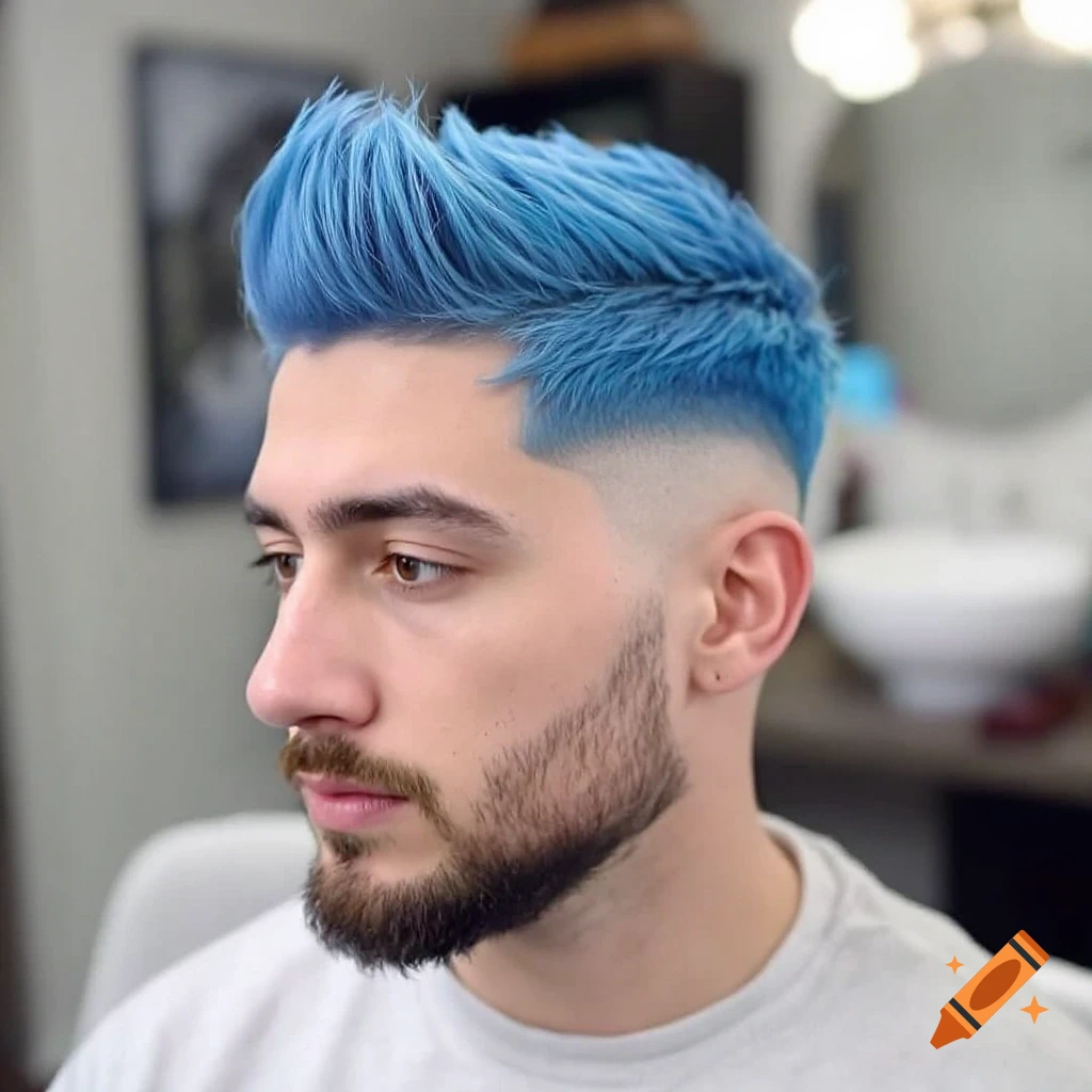 Close-up portrait of a man with spiky blue hair and a fade haircut