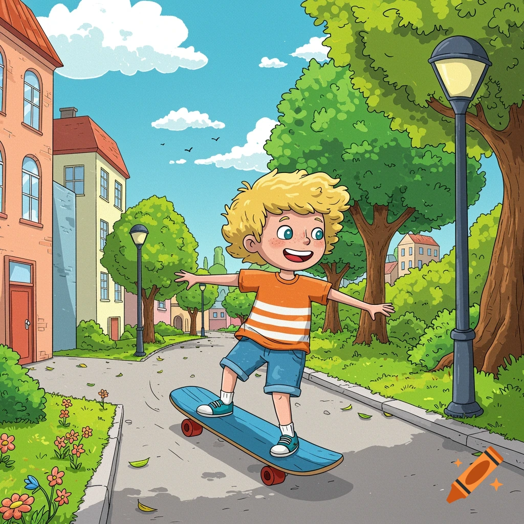 A cartoon boy with curly blonde hair rides a skateboard down a path in a park.