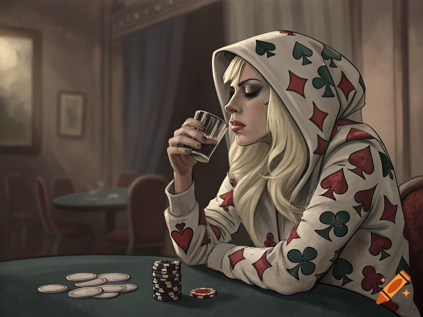 Illustration of a woman in a card suit hoodie holding a drink at a poker table.