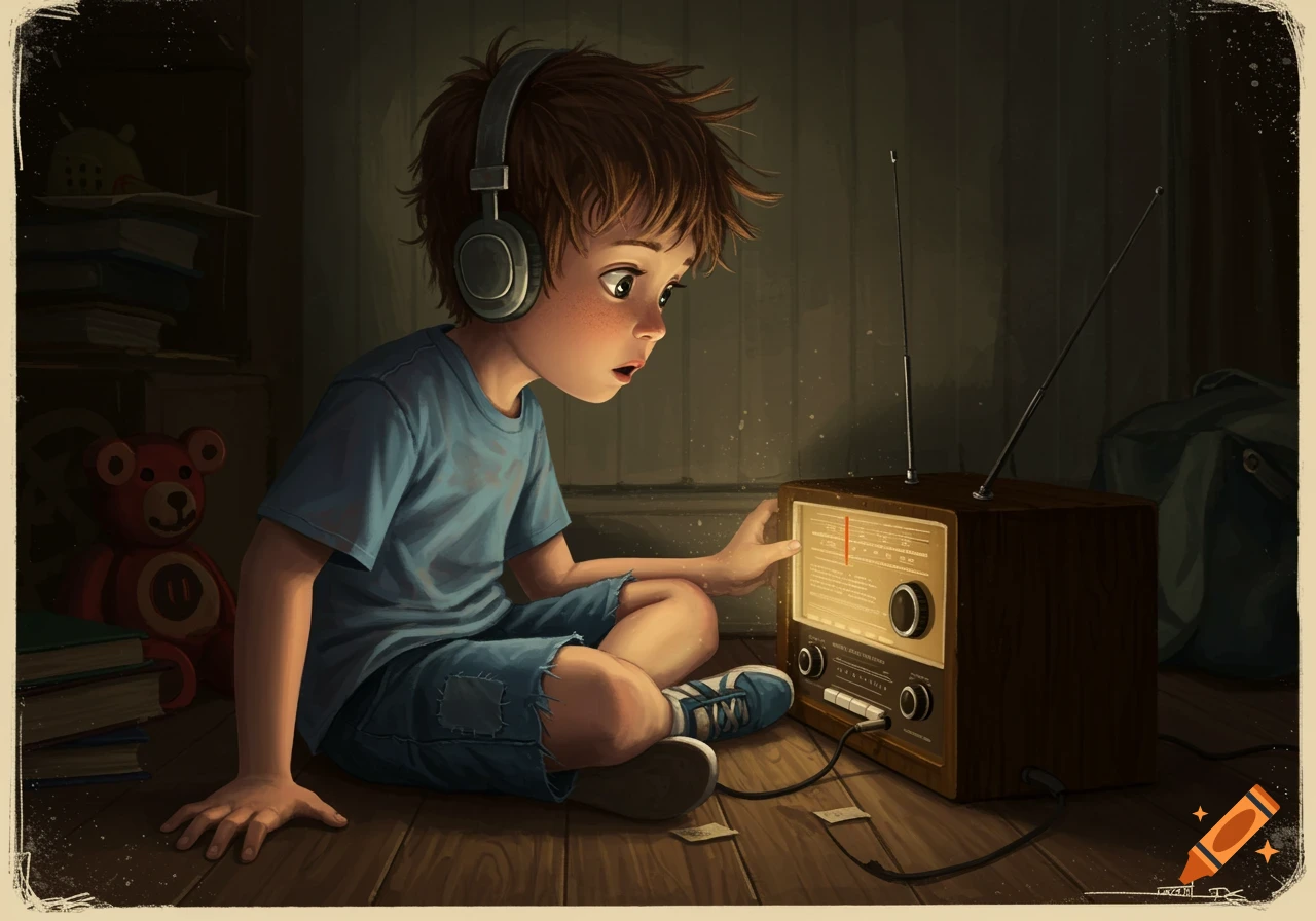 Young boy with headphones listening to a vintage radio in a dimly lit room.