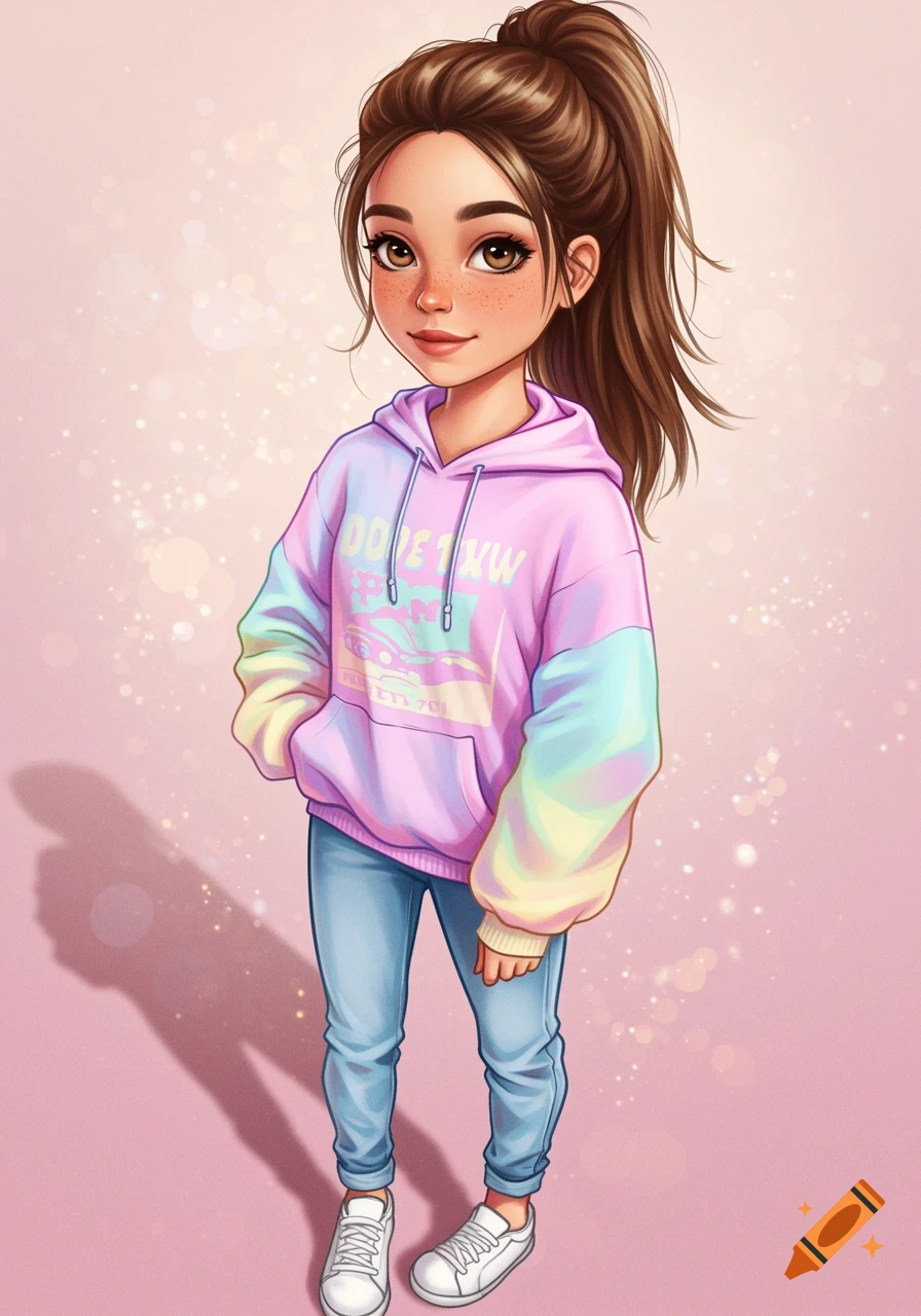 Cartoon illustration of a teenage girl with a ponytail wearing a rainbow hoodie and jeans