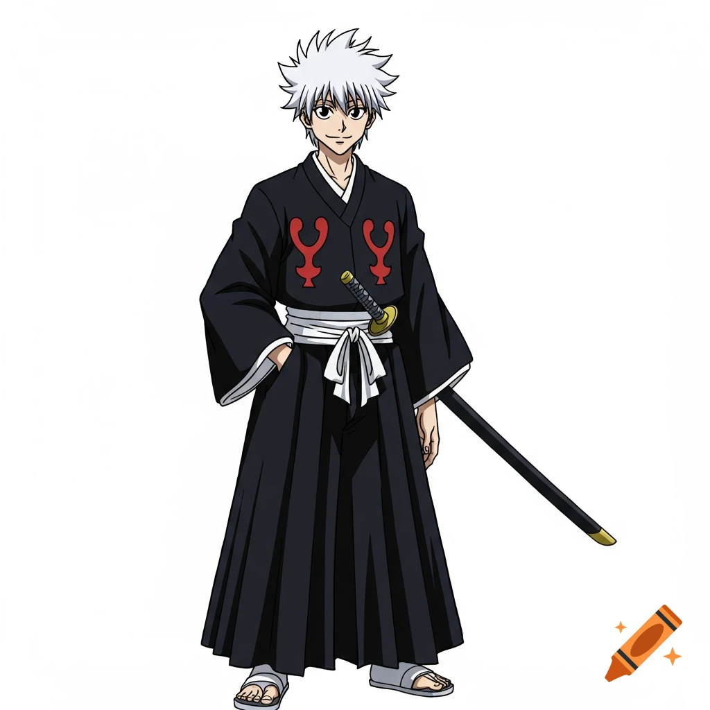 Anime character with white hair in black kimono with red symbols, holding a sword, standing on a white background.