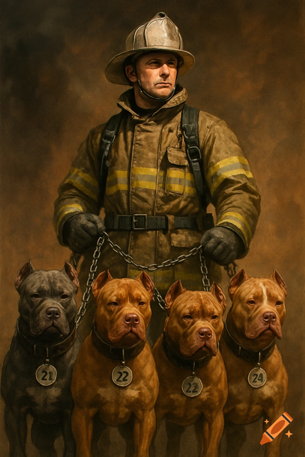 Painting of a firefighter holding the chains of four pit bulls wearing numbered collar tags.