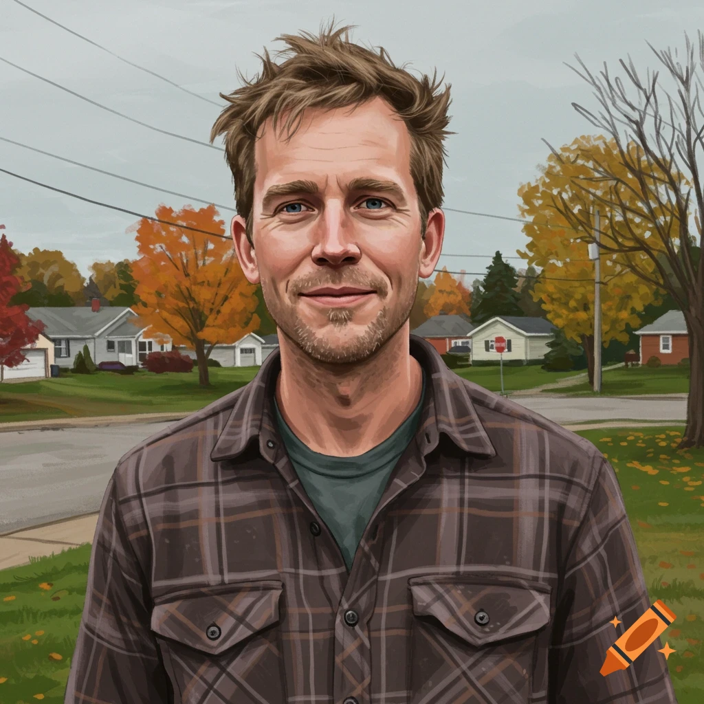 Portrait of a man in a plaid shirt standing in a suburban neighborhood in autumn.