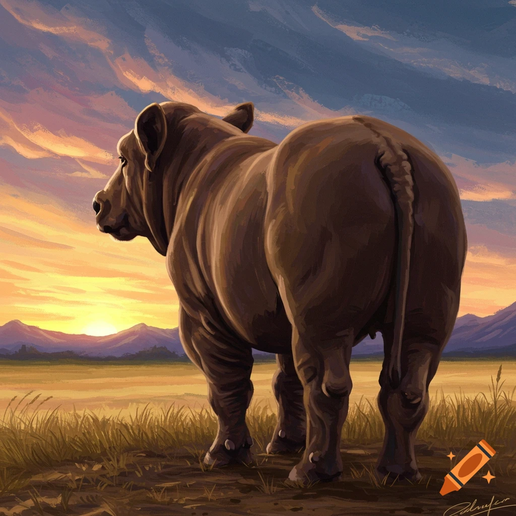 A bull viewed from behind stands in a grassy field at sunset in a ...