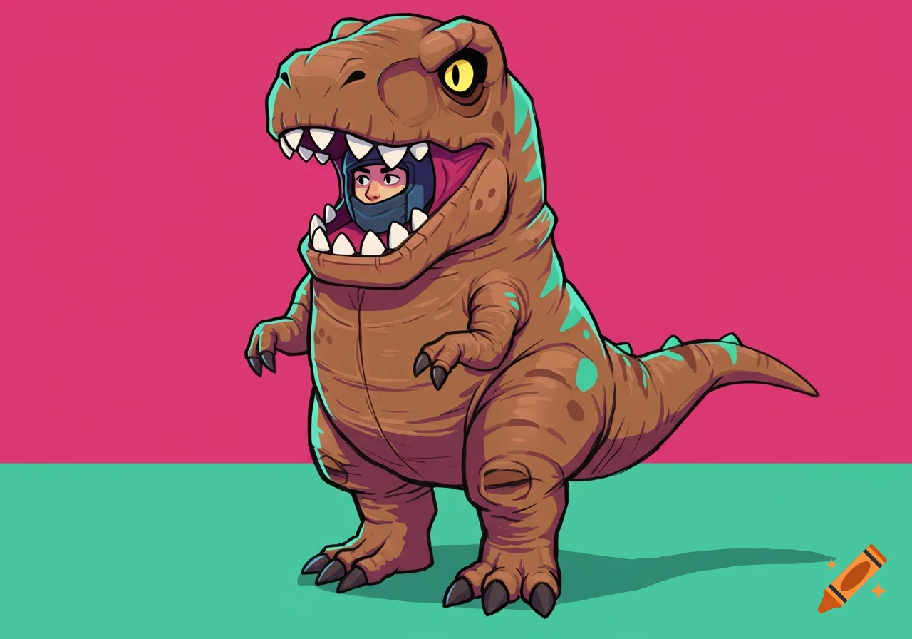 Cartoon person wearing a brown T-Rex costume with teal spots against a pink and green background.