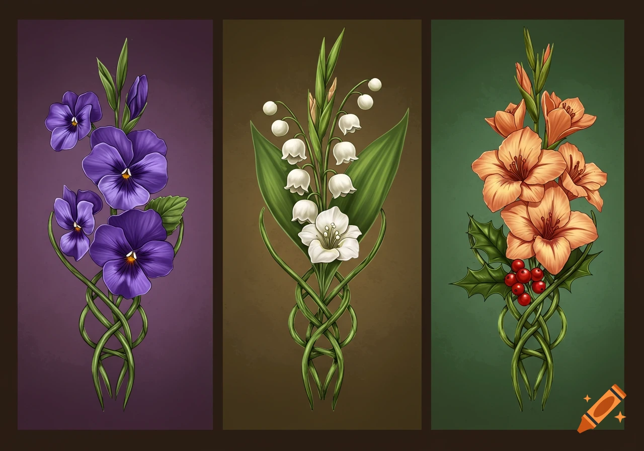 Three vertical panels with illustrated floral arrangements: purple violets, white lily of the valley, and orange gladiolus with holly, all intertwined with green stems.