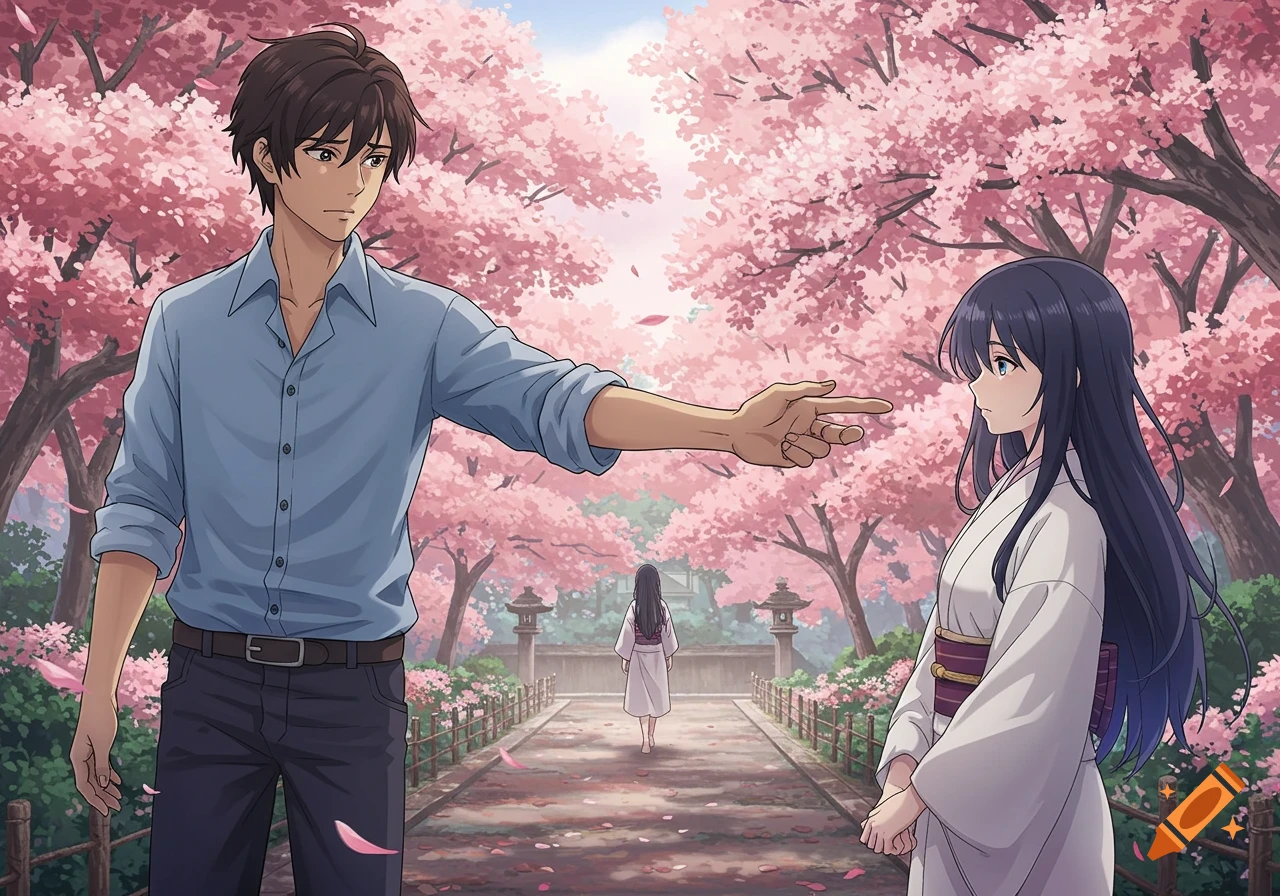 Anime scene of a man reaching out to a woman walking away under cherry blossom trees