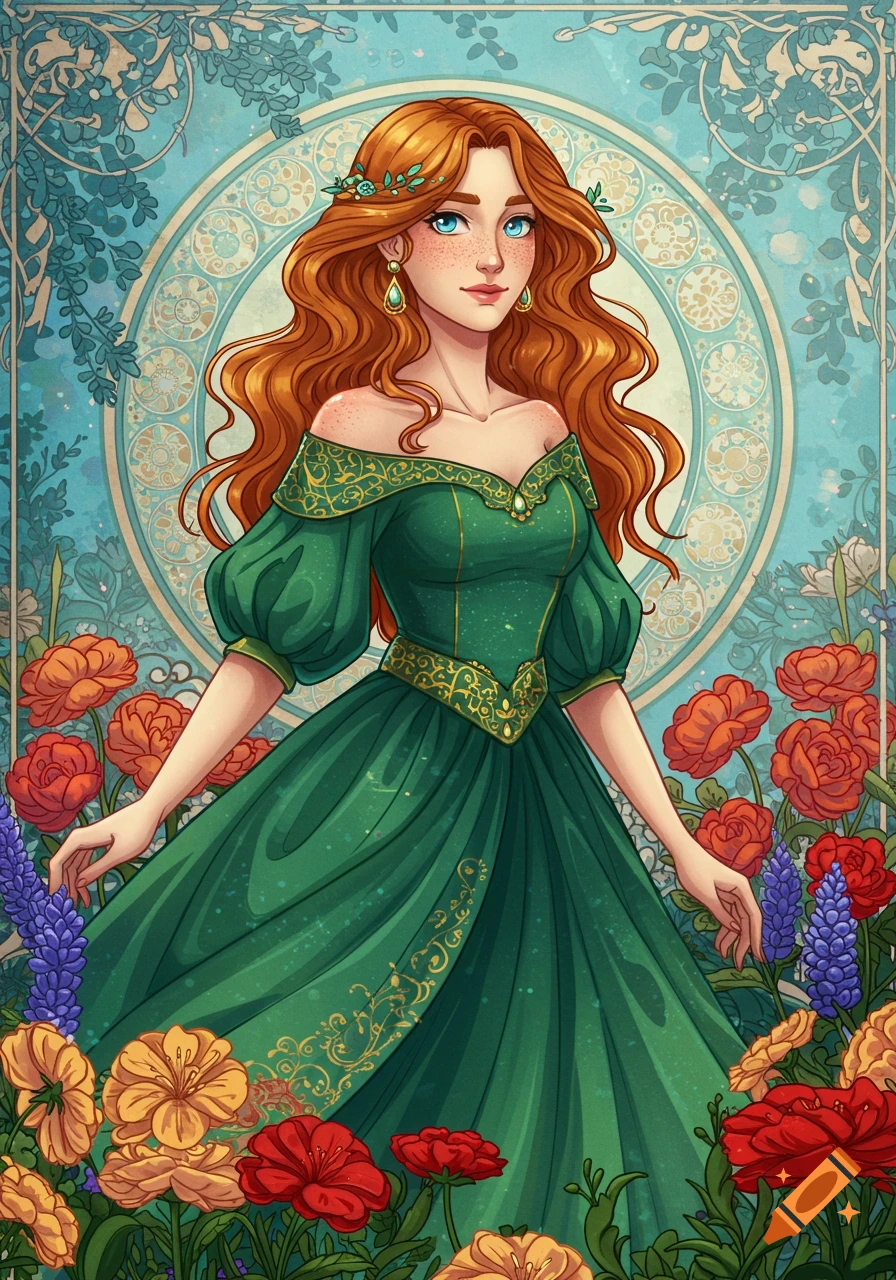 Stylized illustration of a red-haired woman in a green dress standing ...