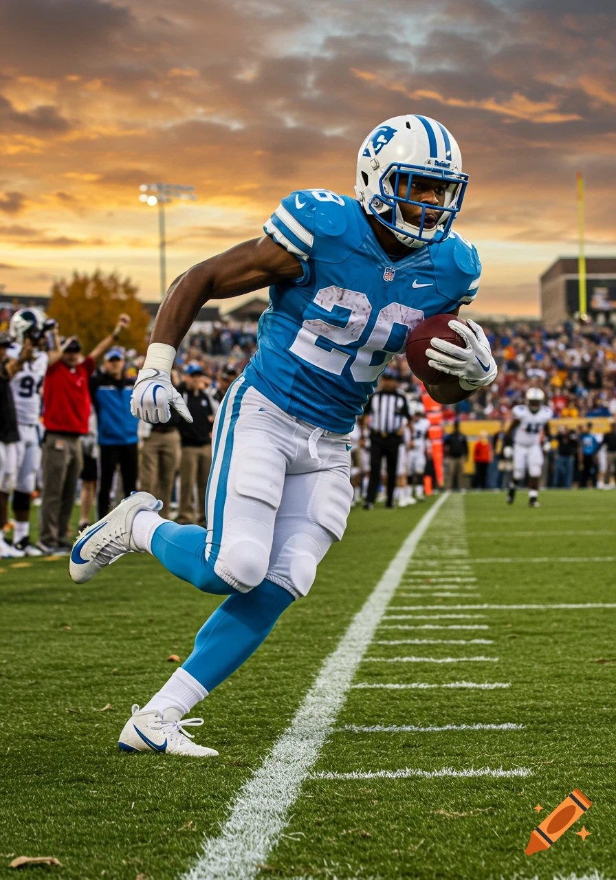 A football player in a blue uniform runs down the sideline with the ball.