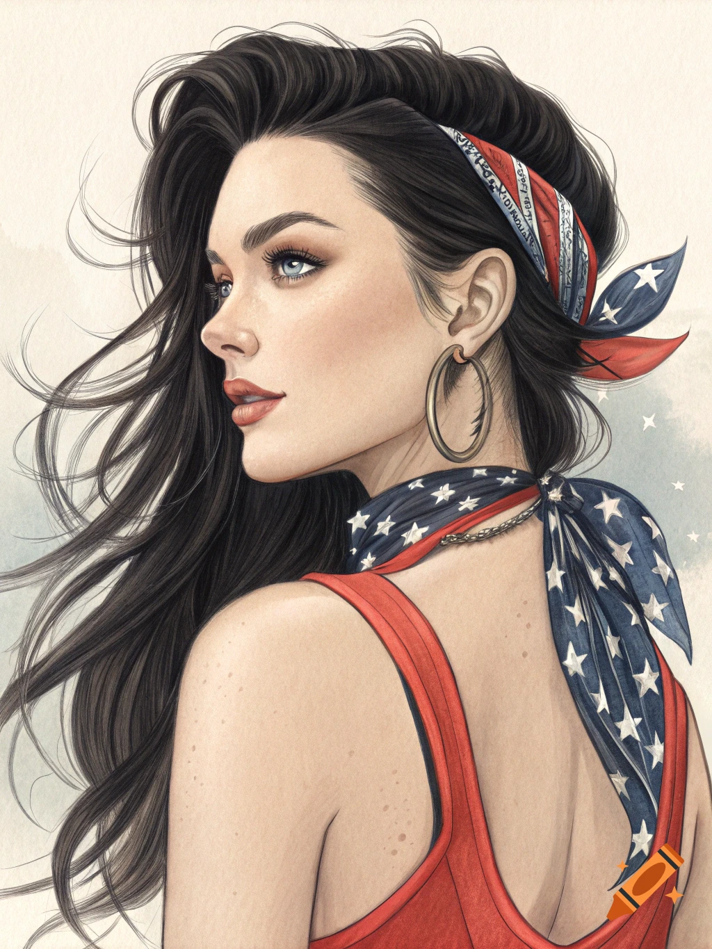 Digital painting of a woman in a red dress and Americana bandana