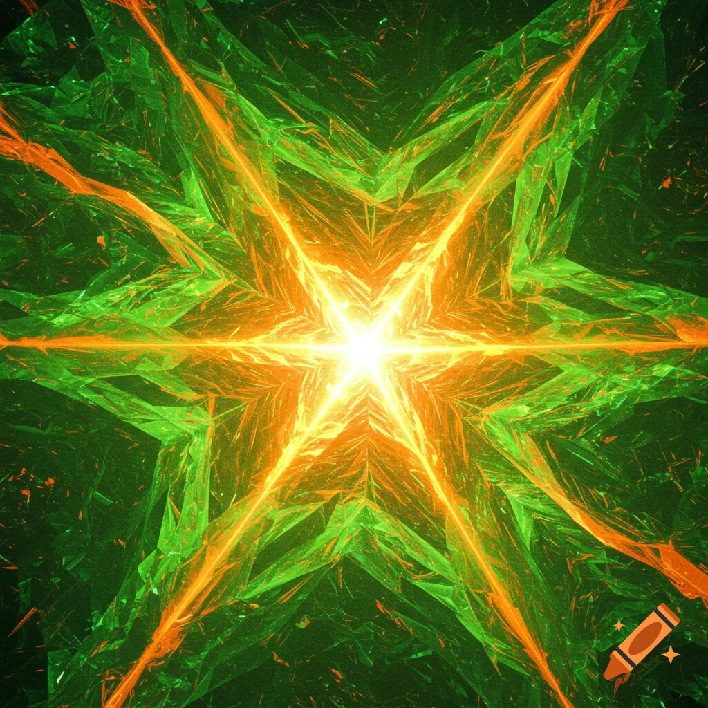 An abstract fractal pattern in green and orange with a bright central starburst.