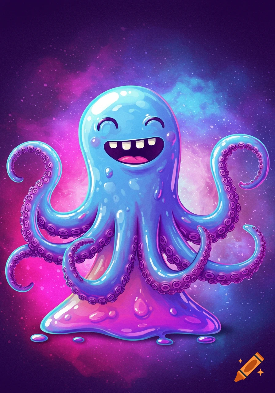 A happy cartoon blue and purple octopus with tentacles reaching out against a pink and blue galaxy background.