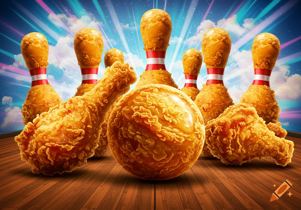 Bowling pins and ball made of fried chicken on a lane with a bright sky background.