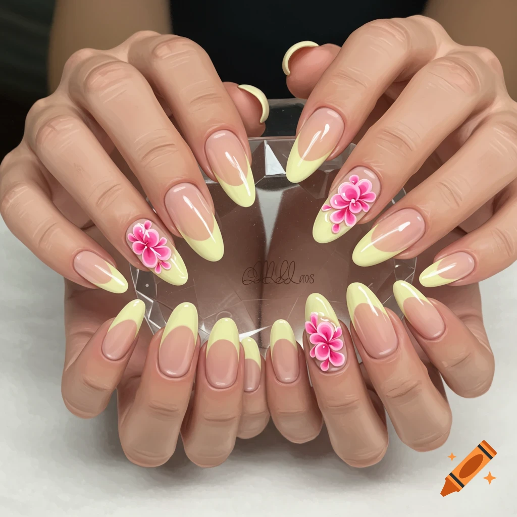 Two hands display almond nails with yellow french tips and pink flowers on ring fingers.