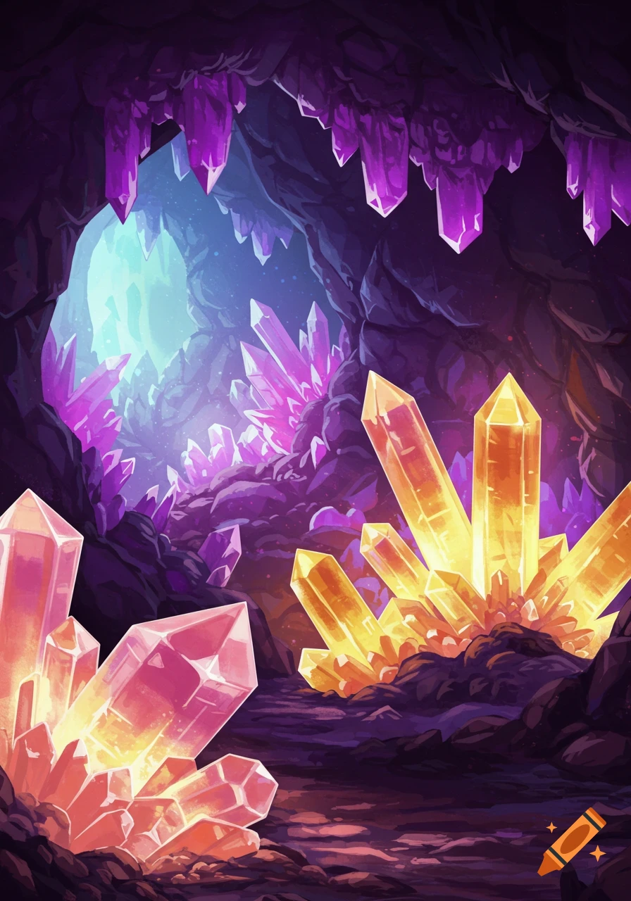 Illustration of a crystal cave filled with glowing purple and yellow crystals