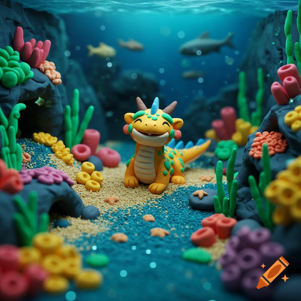Clay model diorama of a happy dragon sitting on the seabed with coral and fish