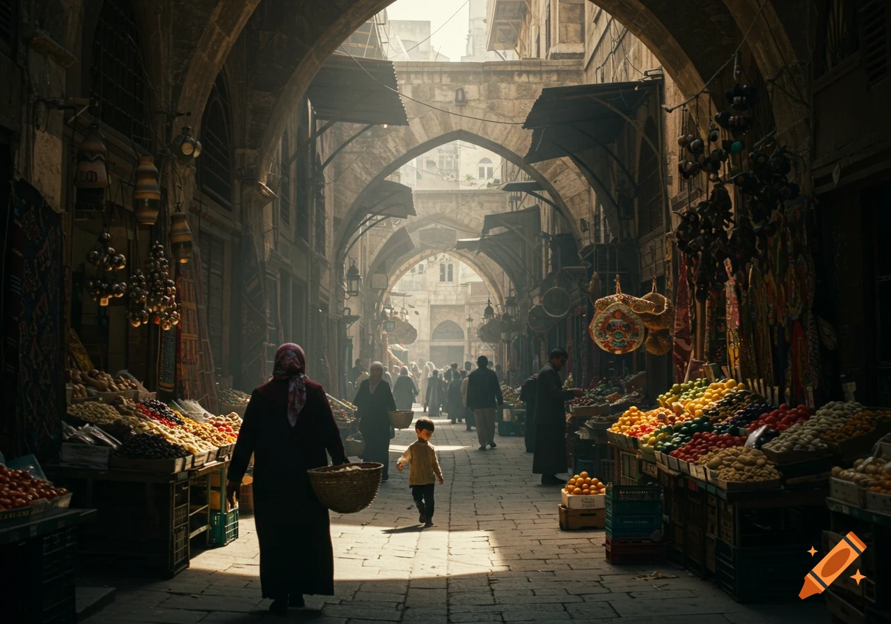 Busy covered marketplace with vendors selling produce, people walking through arched passageways, and sunlight streaming in.