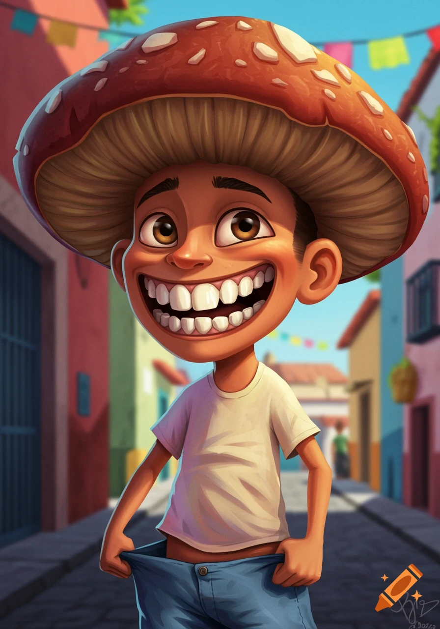 Cartoon boy with mushroom hat and wide smile pulling his pants down in a colorful street.