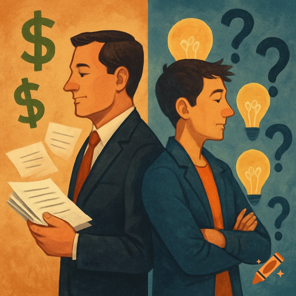 Illustration of two men back to back, one with dollar signs and papers, the other with lightbulbs and question marks.