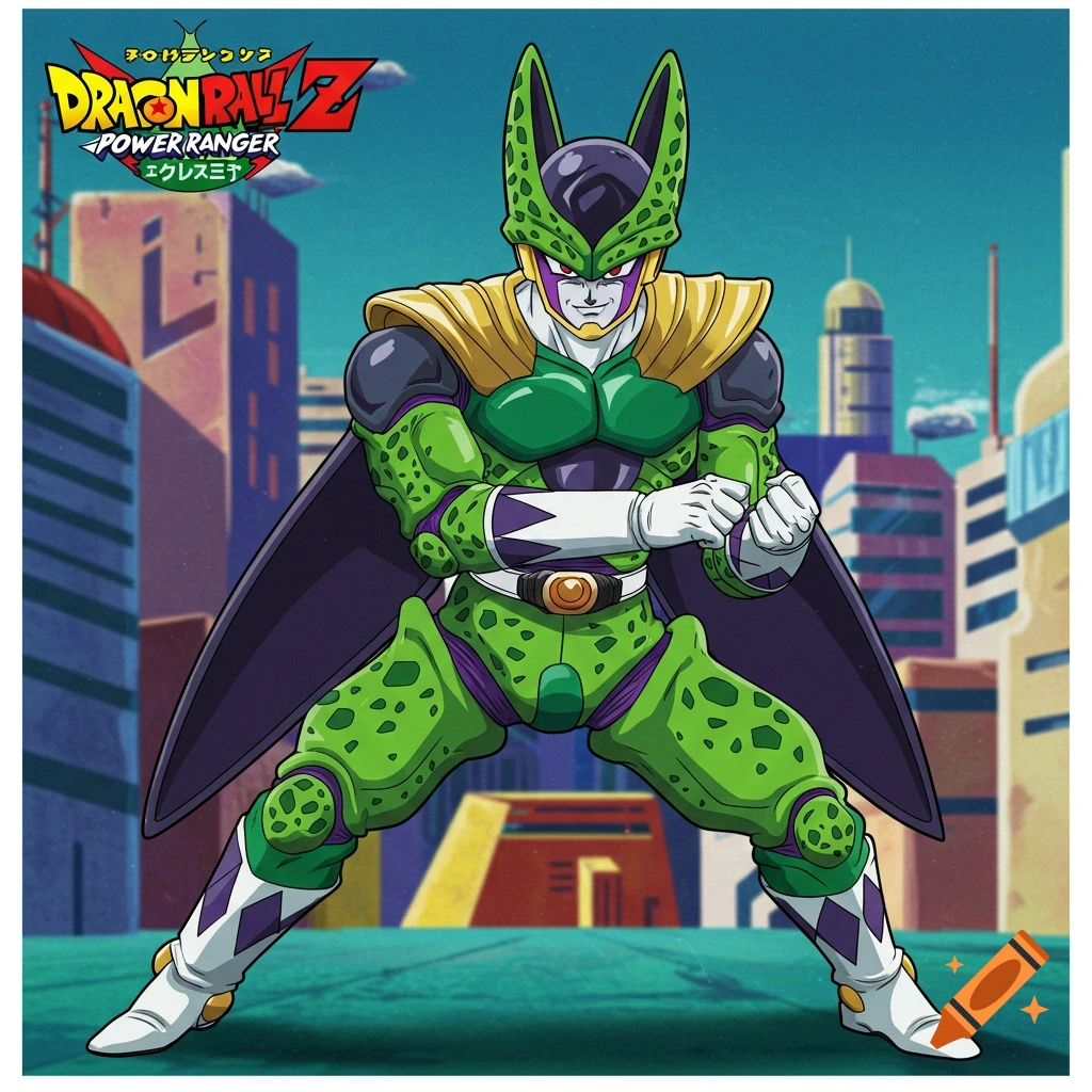Anime style illustration of Perfect Cell from Dragon Ball Z dressed as a Power Ranger standing in a city.