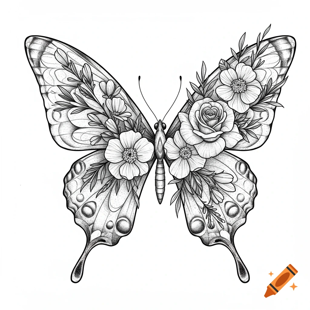 Fine line black and white drawing of a butterfly with flowers on one wing.
