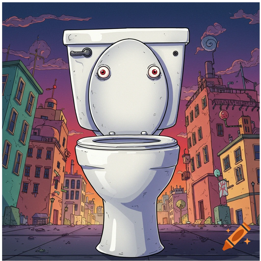Cartoon toilet with eyes stands on a city street at sunset