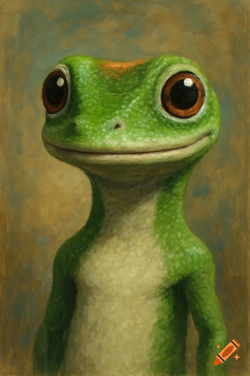 Painting of a friendly green gecko portrait