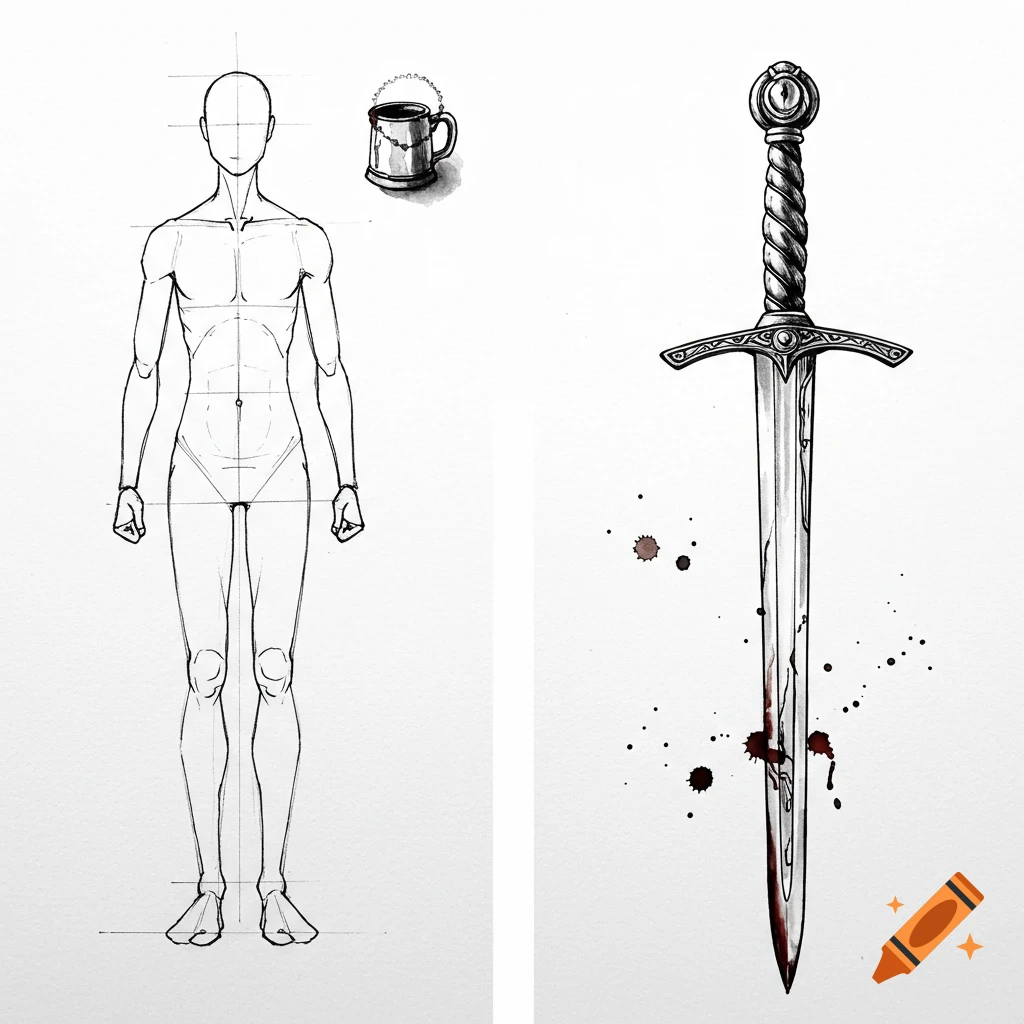 Black and white sketch of a human figure study, a mug, and a blood-splattered sword.