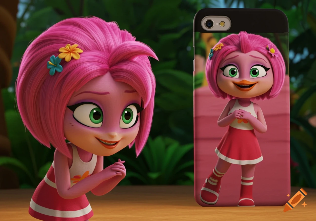 Animated pink bird character on a phone case