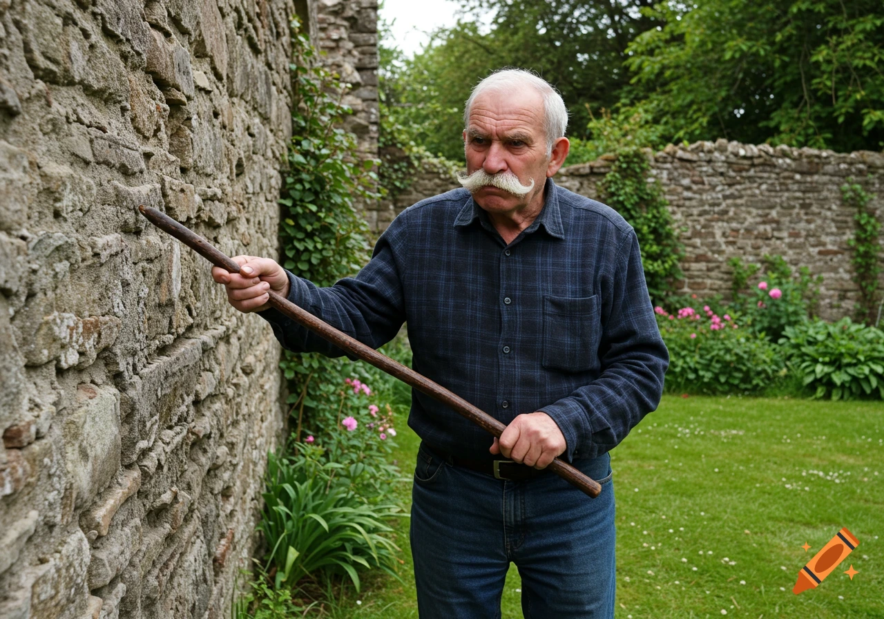 Grumpy old man pointing at a stone wall with a stick in a garden