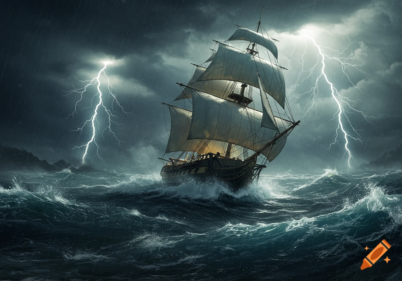 A sailing ship battles large waves and lightning in a dramatic storm at sea.