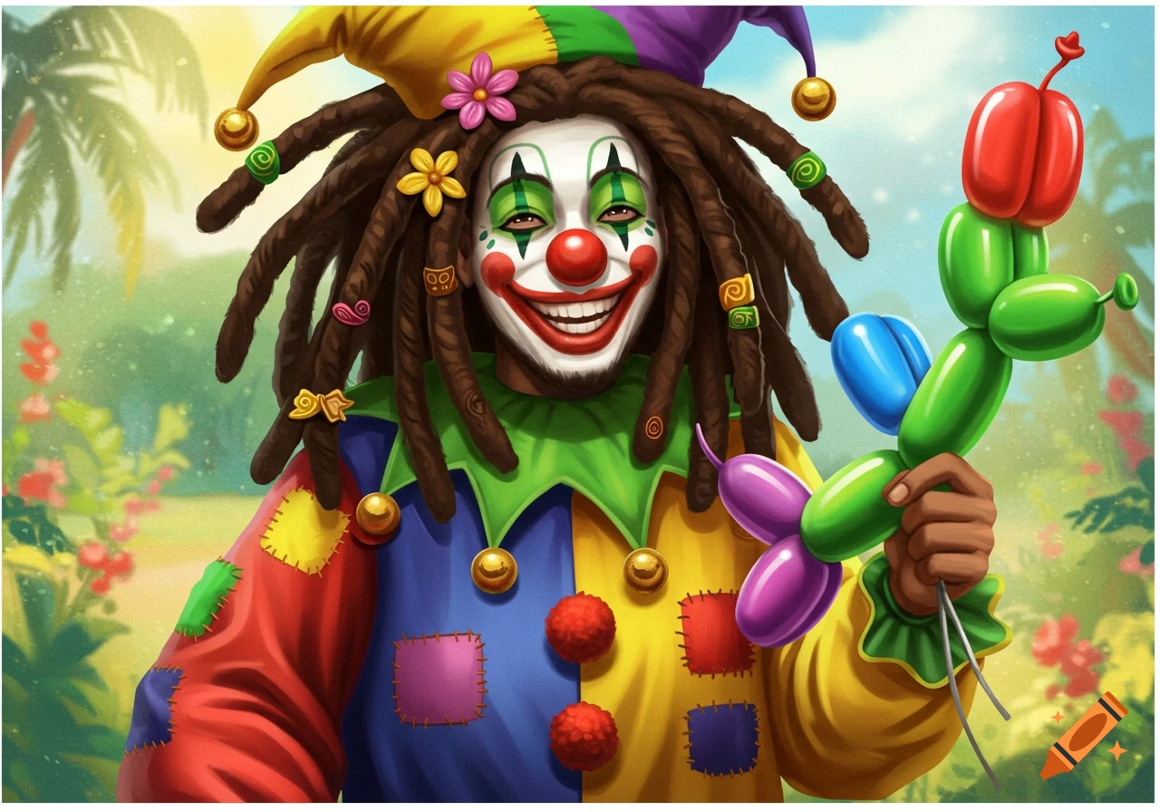 A vibrant illustration of a clown with dreadlocks and a jester hat, wearing a colorful patched costume and holding a balloon animal.