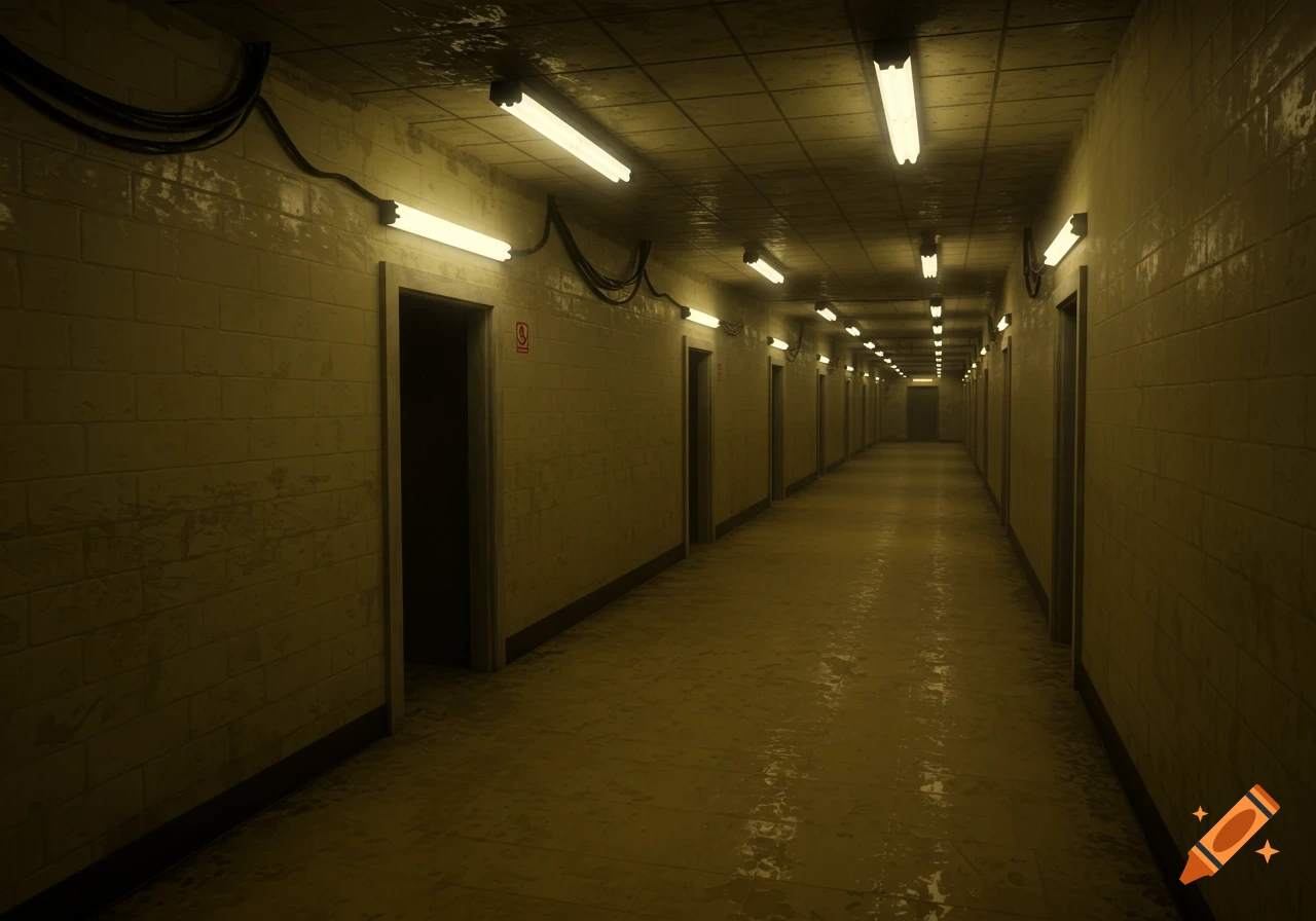 A long, dimly lit corridor with many doors, wet floor, and fluorescent lights, evoking the Backrooms.