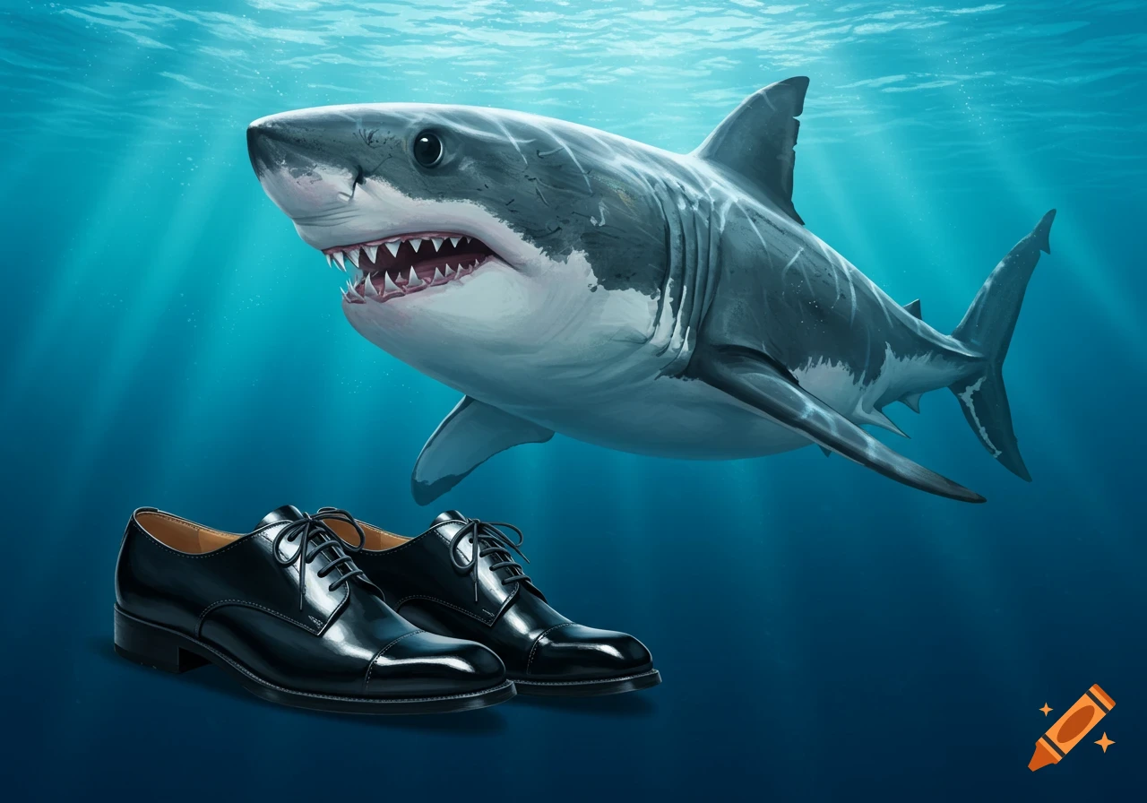 A shark swims near a pair of black dress shoes underwater.