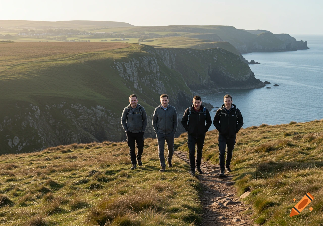 Four men hike along a coastal path overlooking the sea.