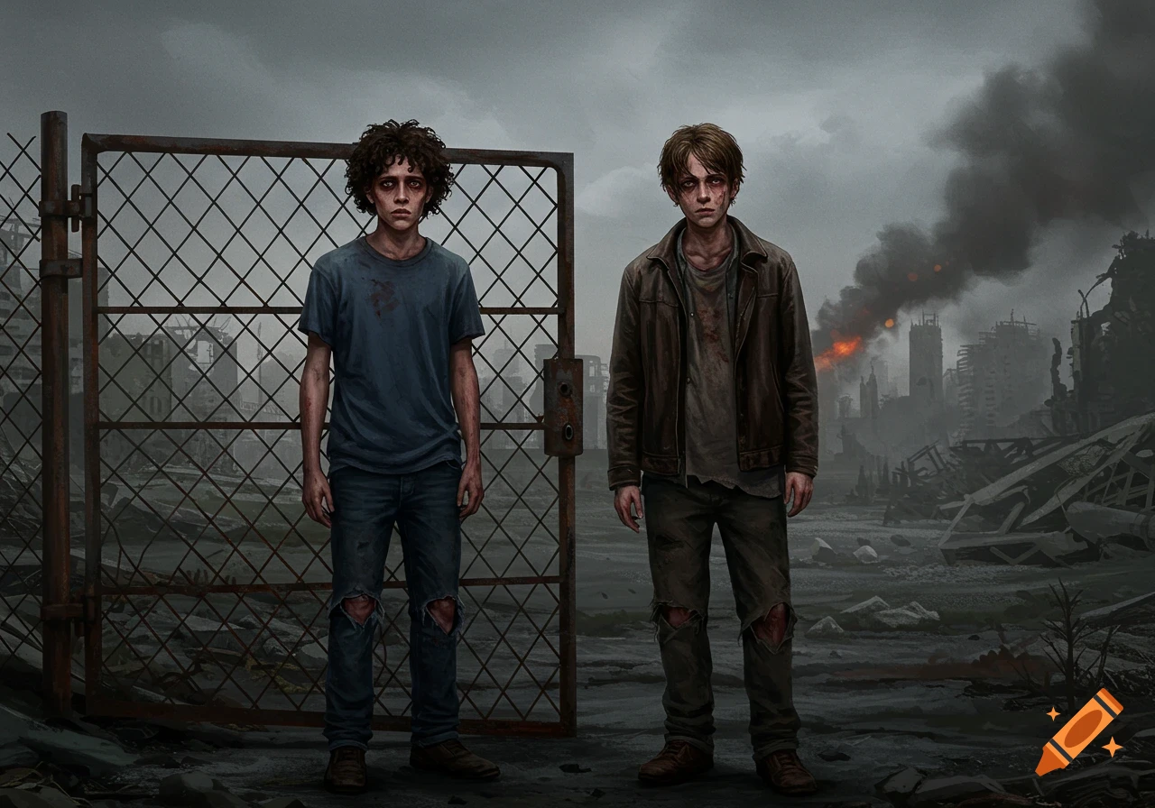Illustration of two young men standing by a gate in a ruined city with smoke.
