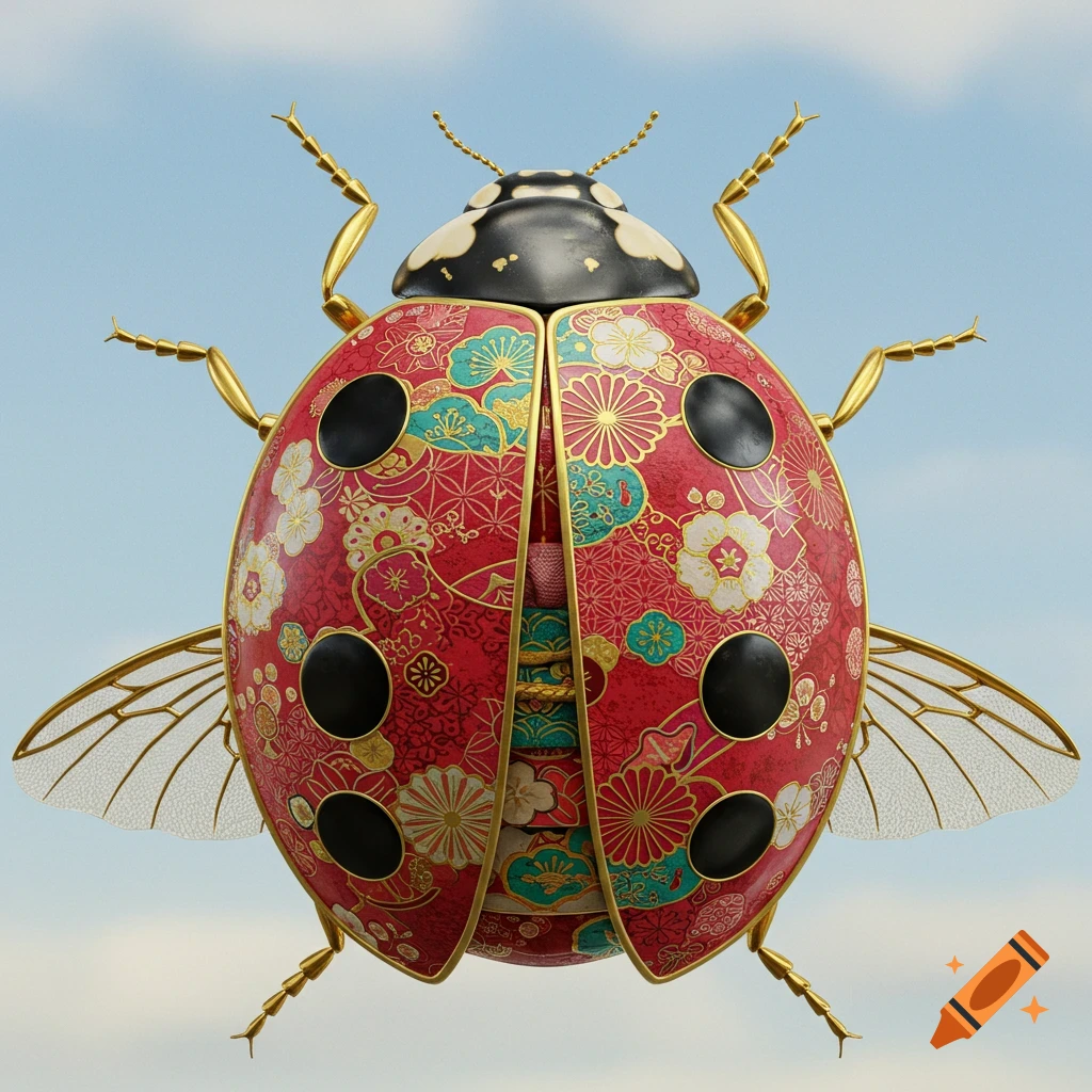 3D rendering of a ladybug from above, decorated with Japanese kimono patterns and gold accents