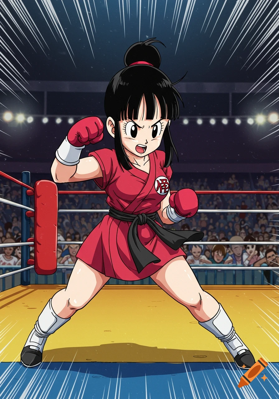 Anime illustration of Chi-Chi from Dragon Ball Z in a boxing ring, wearing boxing gloves and ready to fight.