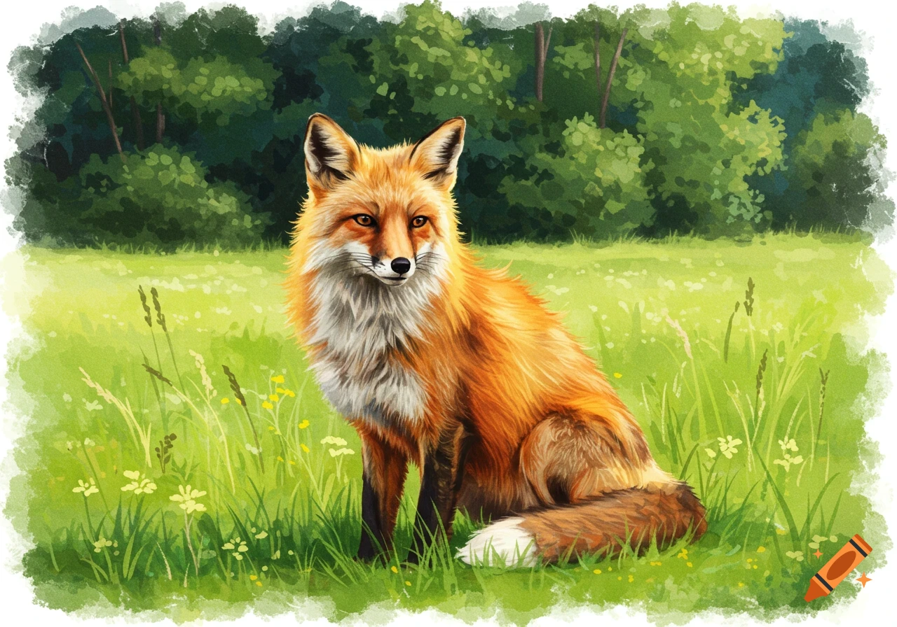 A red fox sits in a green field with tall grass and trees in the background, painted in a watercolor style.
