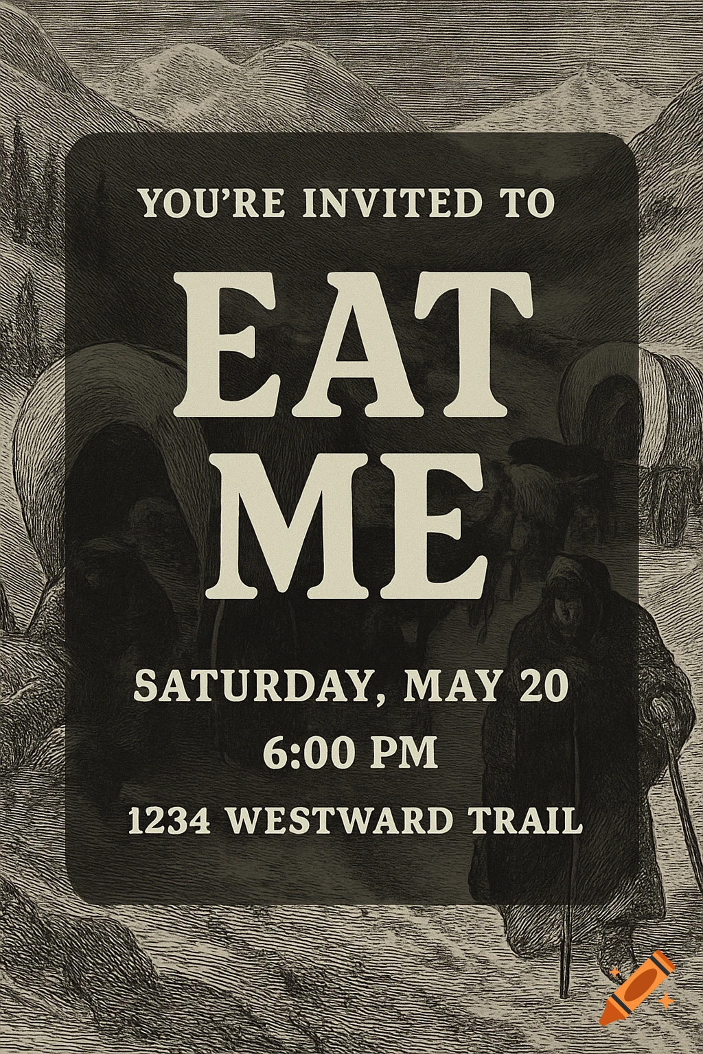 Invitation with 'EAT ME' text over vintage b&w illustration of covered wagons and people in snowy mountains. Etching style.