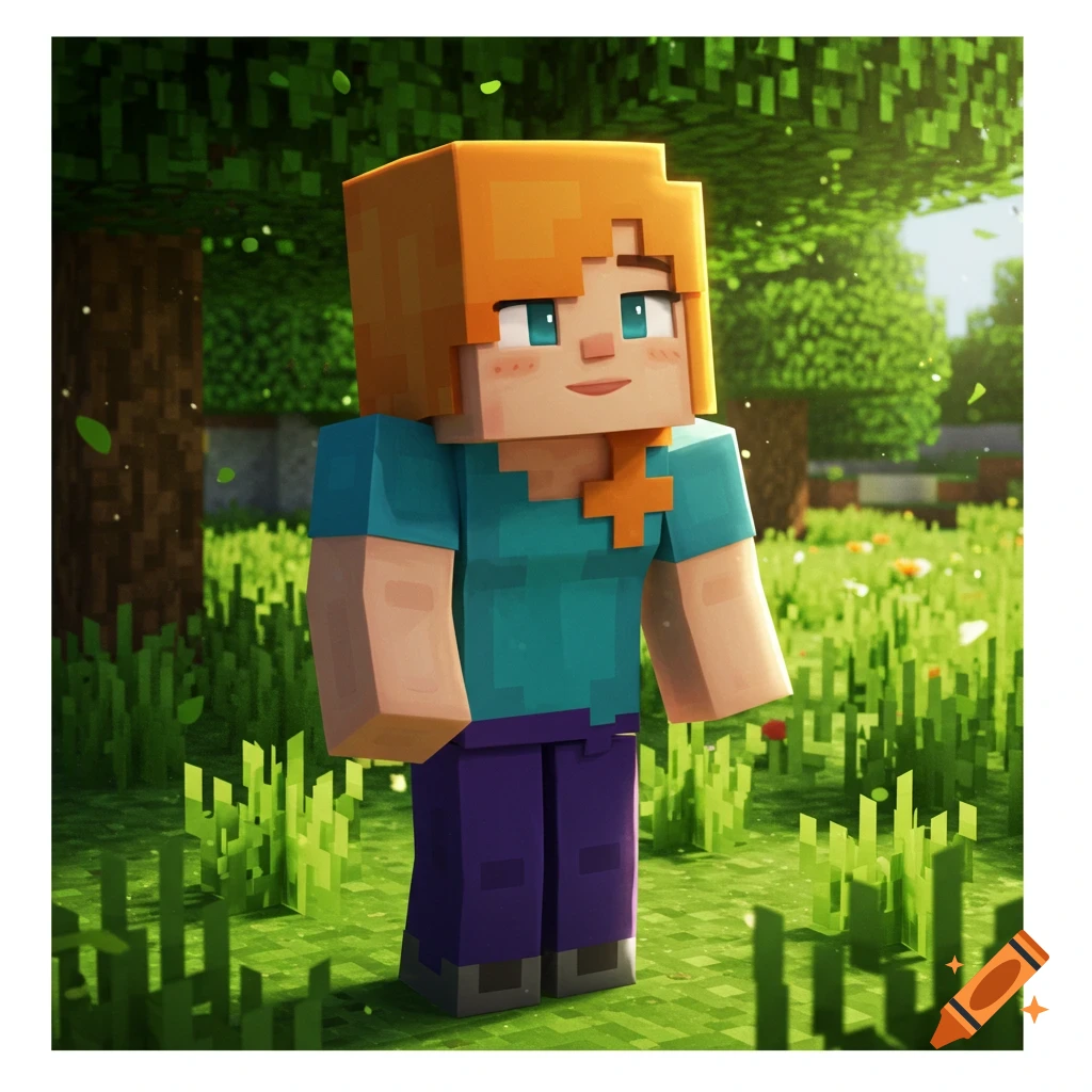 Minecraft character Alex standing in a sunny, grassy forest on Craiyon