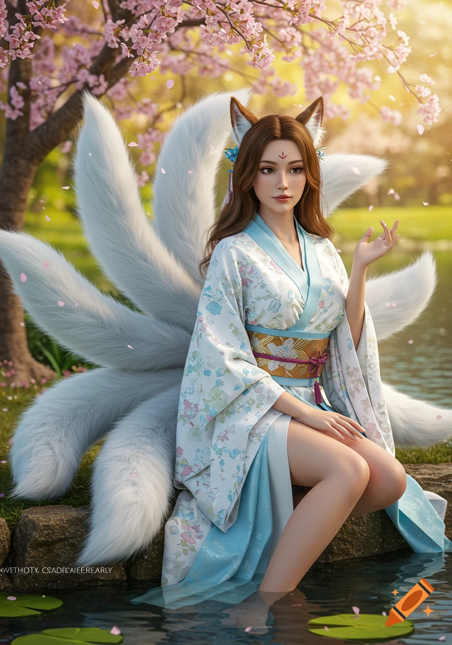 A kitsune woman in a white and blue kimono sits by a pond under cherry blossoms in a photorealistic style.