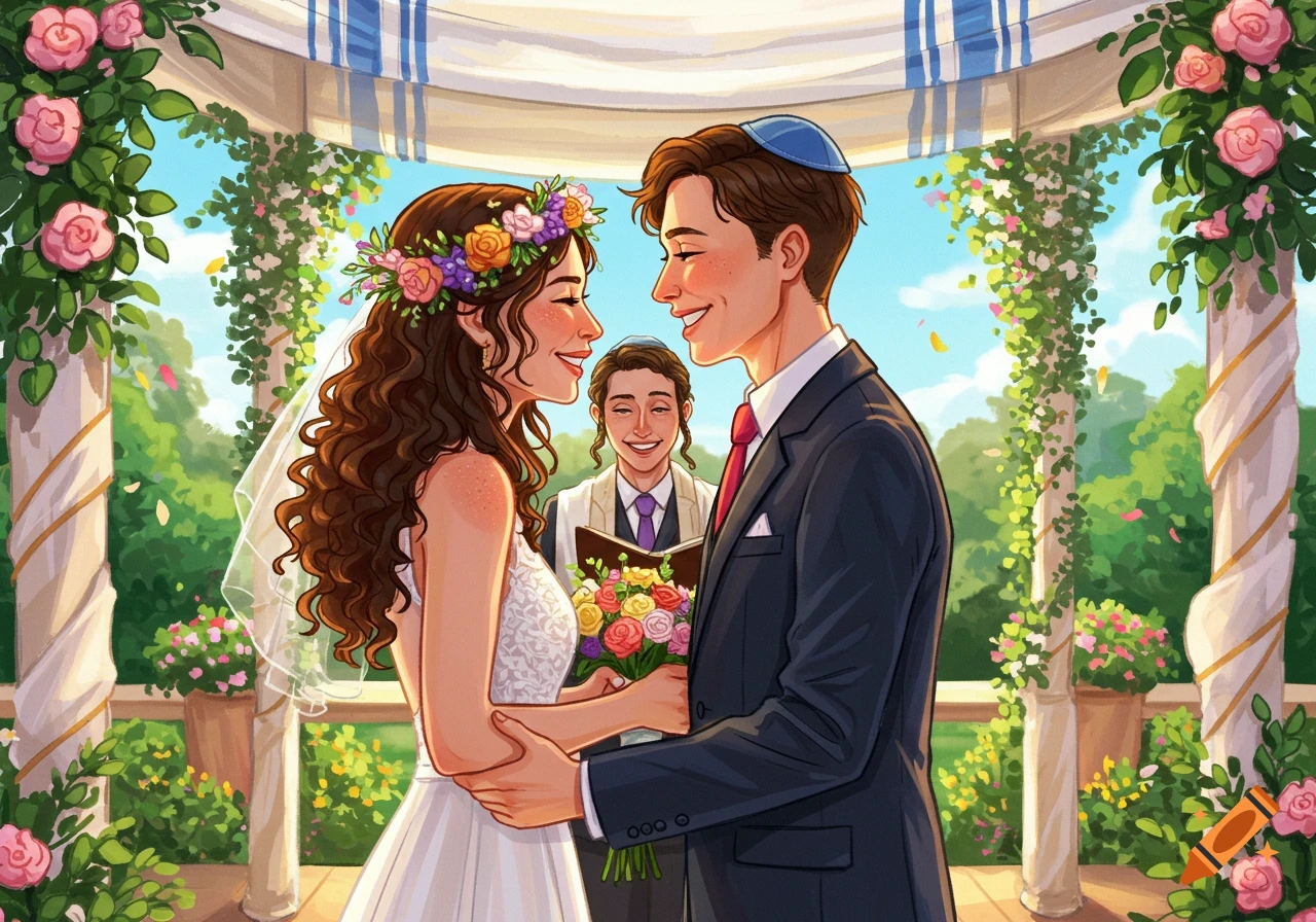 A cartoon illustration of a couple getting married under a chuppah with an officiant.