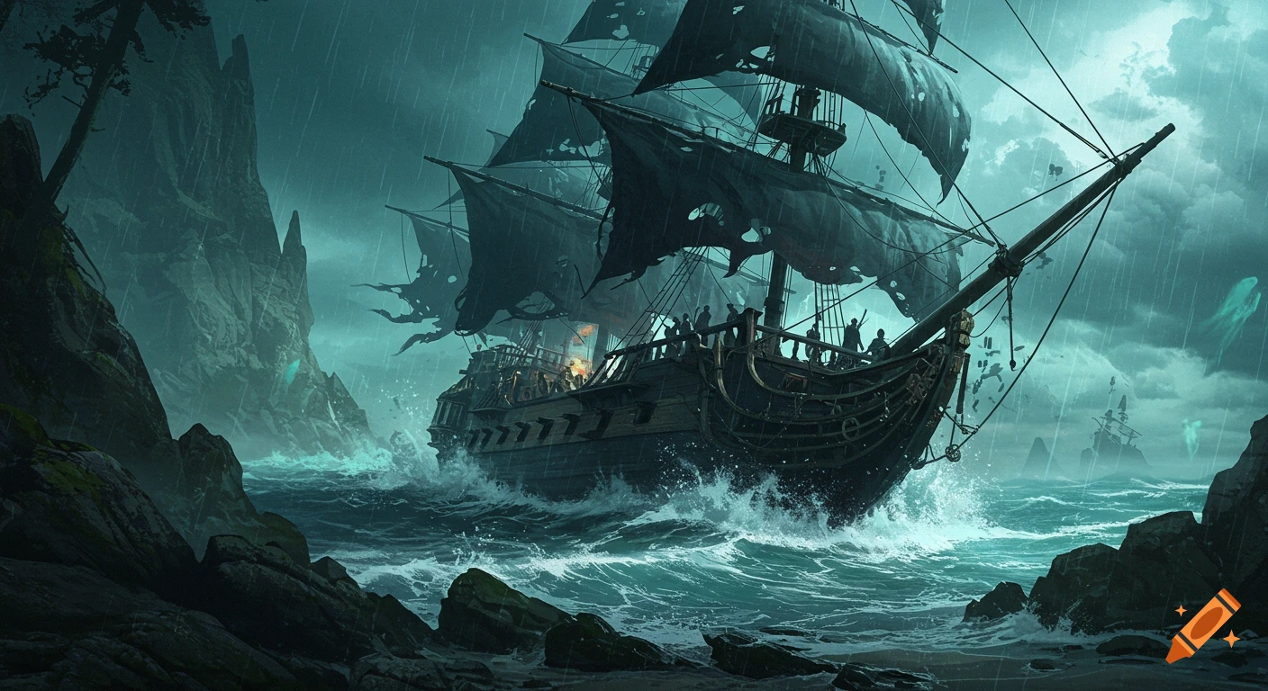 A black haunted pirate ship sails through a storm near rocky shores, illuminated by internal light.