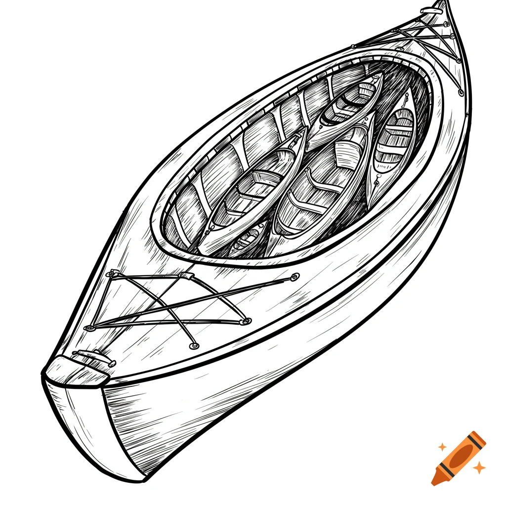 Black and white line drawing of a large kayak with several smaller kayaks inside it.