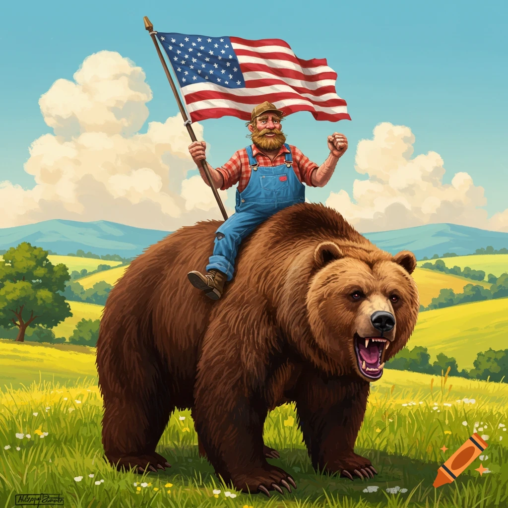 Illustration of a man riding a bear while holding an American flag in a grassy field.