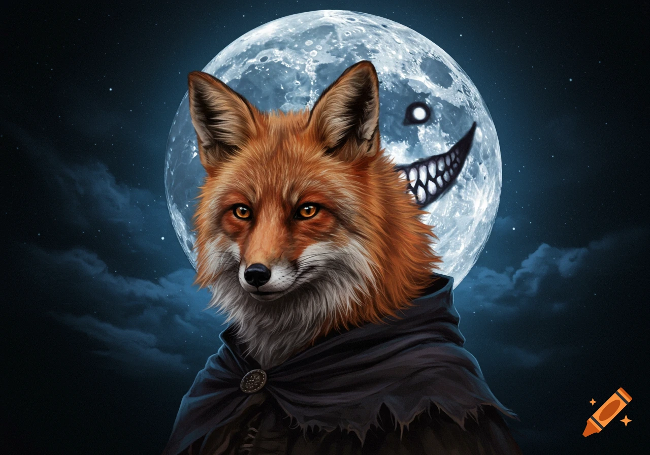 A humanoid fox in a cloak stands against a dark sky with a full moon featuring a creepy face.