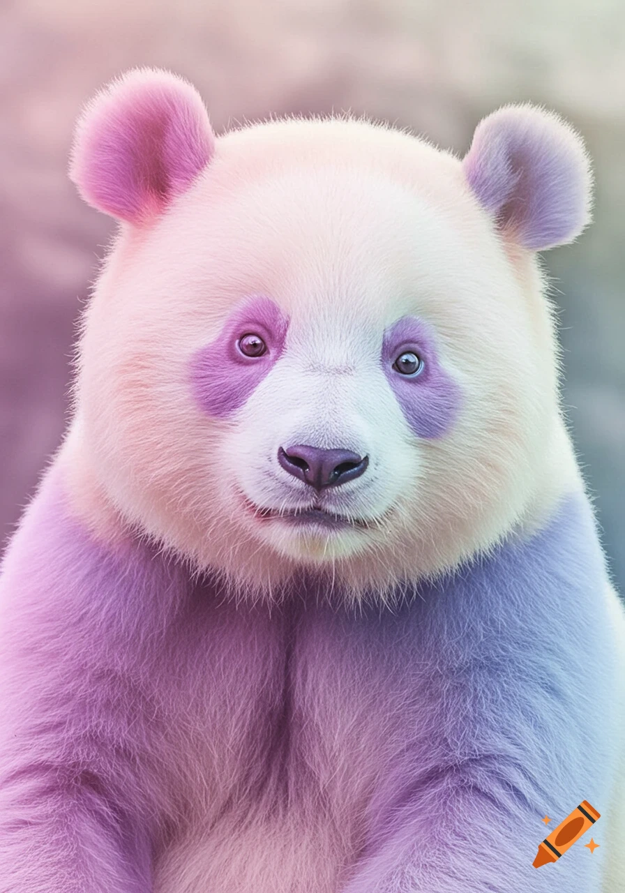 Close-up portrait of a panda with pastel pink, purple, and blue fur.