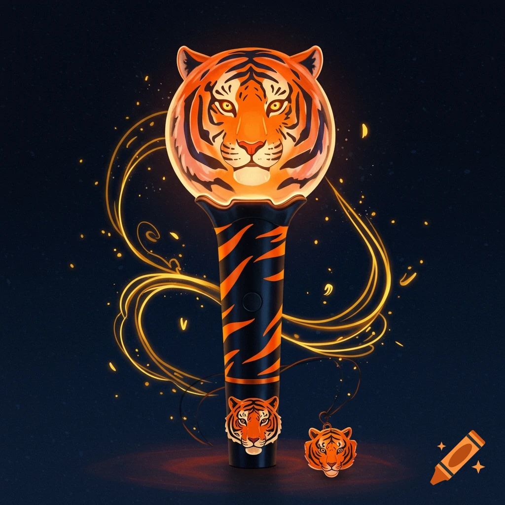 A Kpop light stick designed with a tiger's head and stripes, with glowing effects and small tiger charms.